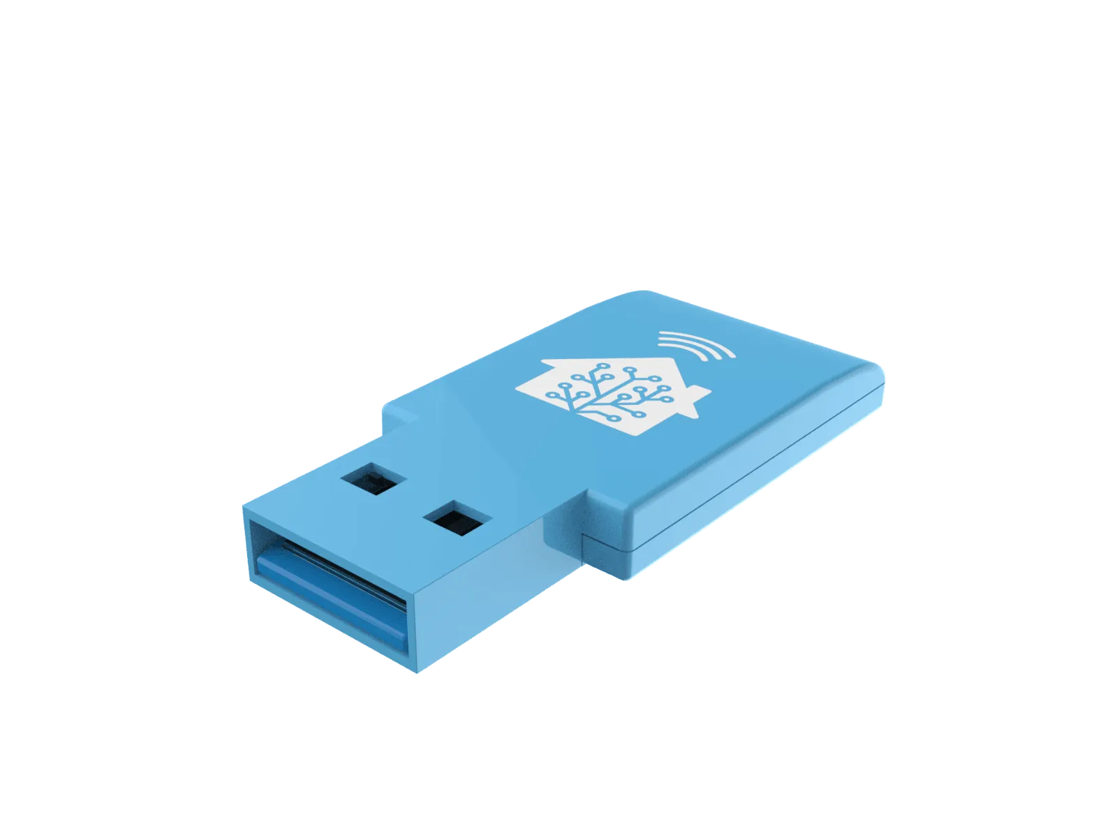 Blue USB stick with Home Assistant logo